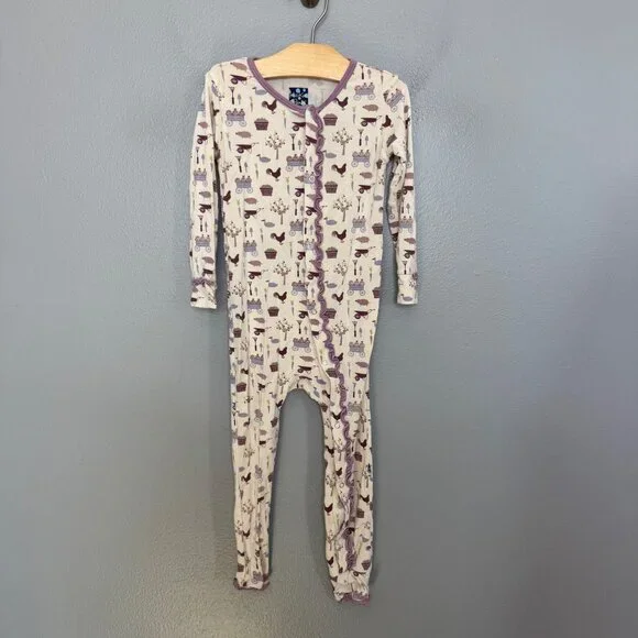 KICKEE PANTS muffin ruffle bamboo coverall w/ snaps natural farm print size 3T - Picture 1 of 6
